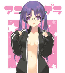 Rule 34 | 1girl, black jacket, breasts, dasoku sentarou, glasses, hair ornament, jacket, long hair, long sleeves, looking at viewer, medium breasts, naked jacket, navel, no shirt, open clothes, open jacket, open mouth, original, pink background, purple background, purple eyes, purple hair, solo, standing, star (symbol), starry background, track jacket, twintails, upper body