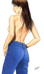 Rule 34 | 1990s (style), 1999, 1girl, artist name, ass, brown eyes, brown hair, cowboy shot, denim, family compo, from behind, hand on thigh, houjou tsukasa, jeans, lipstick, long hair, makeup, official art, pants, retro artstyle, simple background, solo, standing, topless, wakanae shion, white background