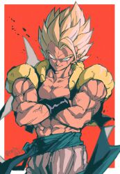 Rule 34 | 1boy, abs, absurdres, artist name, biceps, black vest, blonde hair, blue eyes, blue sash, border, collarbone, crossed arms, dragon ball, dragonball z, gogeta, highres, looking at viewer, male focus, metamoran vest, muscular, muscular male, open clothes, open vest, outside border, pants, parted lips, pectorals, red background, relio db318, sash, simple background, smile, solo, spiked hair, standing, super saiyan, super saiyan 1, teeth, twitter username, v-shaped eyebrows, veins, vest, white border, white pants