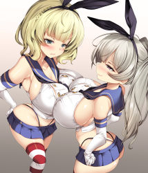 Rule 34 | 2girls, ass, black hairband, black neckerchief, black panties, blonde hair, blue skirt, blush, breast press, breasts, brown eyes, butt crack, closed mouth, colorado (kancolle), conte di cavour (kancolle), cosplay, crop top, elbow gloves, female focus, gloves, gradient background, green eyes, grey background, grey hair, groin, hairband, hands on own hips, highleg, highleg panties, highres, huge breasts, kantai collection, long hair, looking at another, microskirt, multiple girls, neckerchief, oppai loli, panties, ponytail, red legwear, shimakaze (kancolle), shimakaze (kancolle) (cosplay), short hair, sideboob, skirt, smile, striped clothes, striped legwear, striped thighhighs, symmetrical docking, thighhighs, torisan, underwear, white gloves, white legwear