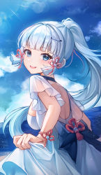 Rule 34 | 1girl, absurdres, ayaka (genshin impact), back bow, backless dress, backless outfit, beach, blue bow, blue eyes, blue sky, blunt bangs, blush, bow, cloud, cowboy shot, day, dress, from side, genshin impact, hair ornament, hair tubes, hairclip, highres, holding, holding clothes, holding dress, long hair, looking at viewer, ocean, open mouth, ponytail, sand, see-through, see-through sleeves, short sleeves, sky, smile, solo, standing, sunlight, teeth, upper teeth only, white dress, wooni (wooni 0818)