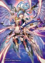 Rule 34 | 1girl, bare shoulders, blue hair, boots, cardfight!! vanguard, center opening, circular saw, circular saw kiriel, company name, copyright name, feathered wings, midriff, momose hisashi, navel, official art, purple eyes, saw, solo, sparkle, syringe, thighhighs, tiara, wings