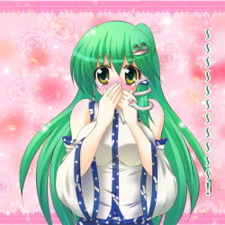 Rule 34 | 1girl, bare shoulders, blush, confession, covering own mouth, detached sleeves, embarrassed, female focus, frog, green hair, hair ornament, kochiya sanae, long hair, looking at viewer, osashin (osada), pov, snake, solo, tears, touhou, yellow eyes