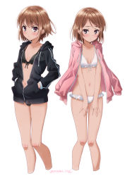 Rule 34 | 2girls, :&lt;, artist name, bikini, bikini under clothes, black bikini, black vs white, blush, breasts, brown eyes, cropped legs, front-tie bikini top, front-tie top, hands in pockets, highres, hood, hooded jacket, hoodie, isshi pyuma, jacket, jacket on shoulders, looking at viewer, multiple girls, navel, open clothes, open jacket, original, partially unzipped, short hair, siblings, simple background, sisters, small breasts, swimsuit, twitter username, v-shaped eyebrows, white background, white bikini