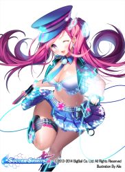Rule 34 | 1girl, aile (crossroads), blue eyes, breasts, cleavage, crop top, earrings, fang, gun, hat, jewelry, large breasts, long hair, midriff, navel, necktie, one eye closed, pink hair, police, police hat, police uniform, policewoman, skirt, smile, soccer spirits, solo, star (symbol), sylvia (soccer spirits), twintails, uniform, weapon