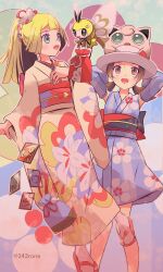 Rule 34 | 2girls, 343rone, arm behind head, blonde hair, blunt bangs, brown eyes, brown hair, card, creatures (company), detached sleeves, floral print, game freak, gen 1 pokemon, gen 7 pokemon, green eyes, hair ornament, hand on own chest, hat, highres, japanese clothes, jigglypuff, kimono, kinchaku, lillie (new year&#039;s 2021) (pokemon), lillie (pokemon), long hair, low twintails, lyra (pokemon), lyra (summer 2020) (pokemon), multiple girls, nintendo, obi, obijime, open mouth, pokemon, pokemon masters ex, ponytail, pouch, ribombee, sandals, sash, sleeveless, twintails, twitter username, wide sleeves, yukata, zouri
