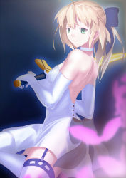 Rule 34 | 1girl, absurdres, ahoge, artoria pendragon (all), artoria pendragon (fate), back bow, backless dress, backless outfit, black bow, blonde hair, blue background, blue hairband, bow, chien0mi, choker, dress, elbow gloves, excalibur (fate/stay night), fate/stay night, fate (series), from side, garter straps, gloves, green eyes, hairband, highres, holding, holding sword, holding weapon, long hair, official alternate costume, saber (fate), shoulder blades, sleeveless, sleeveless dress, solo, strapless, strapless dress, sword, thighhighs, weapon, white choker, white dress, white gloves, white thighhighs
