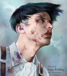 Rule 34 | 1boy, black hair, blood, blood on clothes, blood on face, character name, commentary request, dated, english text, grey eyes, happy birthday, highres, levi (shingeki no kyojin), male focus, nurumayuart, open mouth, realistic, shingeki no kyojin, shirt, short hair, signature, solo, teeth, white shirt