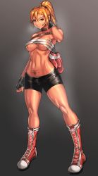 Rule 34 | 1girl, abs, absurdres, bandaid, bandaid on face, black gloves, blonde hair, boots, boxing gloves, breasts, cleavage, clyde s, fingerless gloves, gloves, grey background, highres, large breasts, long hair, looking at viewer, muscular, muscular female, original, ponytail, pubic tattoo, red eyes, red legwear, simple background, solo, sweat, tan, tattoo