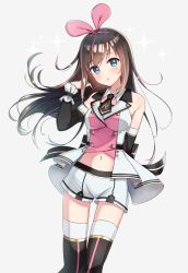 Rule 34 | 1girl, :o, absurdres, bare shoulders, black footwear, blue eyes, boots, breasts, brown hair, commentary request, detached collar, detached sleeves, floating hair, hairband, hand up, highres, huge filesize, kizuna ai, kizuna ai (elegant), kizuna ai inc., long hair, long sleeves, looking at viewer, medium breasts, midriff, multicolored hair, navel, necktie, neginoki, parted lips, shirt, short necktie, short shorts, shorts, solo, streaked hair, thigh boots, thighhighs, virtual youtuber, white shorts, white thighhighs, wing collar
