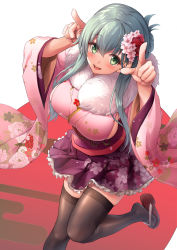 Rule 34 | 1girl, aqua hair, awa yume, blush, breasts, floral print, flower, from below, green eyes, hair between eyes, hair flower, hair ornament, highres, japanese clothes, kantai collection, kimono, large breasts, long hair, looking at viewer, open mouth, pink kimono, purple kimono, sideboob, sidelocks, solo, suzuya (kancolle), thighhighs, wide sleeves