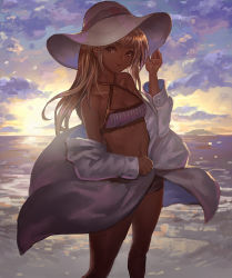 Rule 34 | 1girl, bare legs, bare shoulders, bikini, breasts, brown eyes, brown hair, canking, cleavage, cloud, cloudy sky, coat, commentary request, halterneck, hand on headwear, hat, head tilt, horizon, legs apart, long hair, long sleeves, looking at viewer, morning, navel, ocean, off shoulder, open clothes, open coat, open mouth, original, sketch, sky, small breasts, solo, standing, stomach, striped bikini, striped clothes, sun hat, sunlight, sunrise, swimsuit, vertical-striped bikini, vertical-striped clothes, water, white coat, white hat