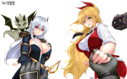 Rule 34 | 2girls, black neckwear, blonde hair, blush, breasts, character request, cleavage, closed mouth, cowboy shot, dragon, dragon knight (dungeon and fighter), drone, dungeon and fighter, female gunner (dungeon and fighter), female mechanic (dungeon and fighter), fingerless gloves, foreshortening, gloves, green eyes, hair ribbon, holding hands, horns, knight (dungeon and fighter), large breasts, long hair, looking at viewer, multiple girls, parted lips, pointy ears, pov, pov hands, red eyes, ribbon, shaojiang, silver hair, smile, very long hair