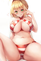 Rule 34 | 1girl, ahoge, bare shoulders, bikini, blonde hair, breasts, cleavage, closed mouth, collarbone, criss-cross halter, fate/grand order, fate (series), green eyes, hair between eyes, hair intakes, halterneck, highres, jewelry, kisaki oni, large breasts, licking lips, long hair, looking at viewer, navel, nero claudius (fate), nero claudius (fate) (all), nero claudius (swimsuit caster) (fate), red bikini, side-tie bikini bottom, sitting, smile, striped bikini, striped clothes, swimsuit, thighs, tongue, tongue out