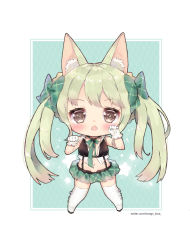 Rule 34 | 1girl, animal ear fluff, animal ears, art556 (girls&#039; frontline), bad id, bad pixiv id, blush, boots, bow, brown hair, chestnut mouth, chibi, commentary request, fang, foreign blue, full body, girls&#039; frontline, gloves, green bow, green hair, green skirt, hair bow, highres, korean commentary, long hair, looking at viewer, miniskirt, navel, open mouth, plaid, plaid skirt, pleated skirt, sidelocks, skirt, solo, standing, thigh boots, thighhighs, twintails, very long hair, watermark, web address, white footwear, white gloves, white thighhighs
