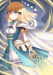Rule 34 | 1girl, blonde hair, blue eyes, blunt bangs, capelet, cloak, dekger, elf, highres, holding, holding sword, holding weapon, pantyhose, pointy ears, princess connect!, saren (princess connect!), solo, split mouth, sword, weapon, white pantyhose