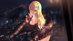 Rule 34 | 1girl, ass, bare shoulders, blonde hair, blue eyes, blush, boku wa tomodachi ga sukunai, box, breasts, bridge, bug, building, butterfly, butterfly hair ornament, cait aron, city, commentary request, female focus, flower, from side, grey scarf, hair ornament, heart, highres, holding, holding box, indoors, insect, kashiwazaki sena, large breasts, long hair, looking at viewer, night, night sky, plant, red flower, red rose, rose, scarf, sky, smile, solo, standing, sweater, window