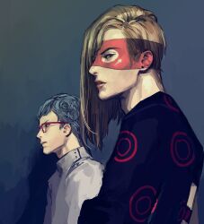 Rule 34 | 2boys, black eyes, blonde hair, blue background, blue eyes, blue hair, closed mouth, earrings, ghiaccio, glasses, highres, jacket, jewelry, jojo no kimyou na bouken, lips, long hair, looking at viewer, male focus, mask, melone, meron nouka, multiple boys, parted lips, purple jacket, simple background, upper body, vento aureo, wavy hair, white jacket