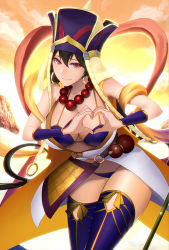 Rule 34 | 1girl, beads, bikini, breasts, brown hair, cleavage, earrings, fate/grand order, fate (series), heart, heart hands, highres, jewelry, large breasts, long hair, minami koyogi, prayer beads, purple bikini, red eyes, solo, swimsuit, thighs, wavy mouth, xuangzang sanzang (fate)