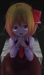 Rule 34 | 1girl, blonde hair, cassandra (seishun katsu sando), hair ribbon, necktie, own hands clasped, own hands together, red eyes, ribbon, rumia, scared, solo, tears, touhou, trembling