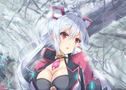 Rule 34 | 1girl, ahoge, blurry, blurry background, blush, breasts, cleavage, commentary request, day, depth of field, hair between eyes, hair ribbon, head tilt, headgear, jacket, large breasts, long hair, looking away, looking to the side, matoi (pso2), milkpanda, outdoors, parted lips, phantasy star, phantasy star online 2, red eyes, red jacket, ribbon, sidelocks, silver hair, solo, twintails, very long hair