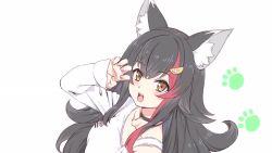 Rule 34 | 1girl, alternate costume, animal ear fluff, animal ears, animated, black choker, black hair, blush, breasts, brown eyes, choker, claw pose, ear wiggle, floating hair, fuusuke (fusuke208), hair between eyes, hair ornament, hololive, long hair, long sleeves, looking at viewer, medium breasts, multicolored hair, ookami mio, ookami mio (casual), paw print, paw print background, red hair, shirt, simple background, single sleeve, sleeves past wrists, smile, solo, streaked hair, talking, two-tone hair, upper body, video, virtual youtuber, white background, white shirt, wolf ears