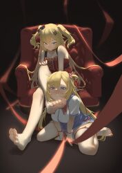 Rule 34 | 2girls, absurdres, aiharararara, akai haato, akai haato (1st costume), akai haato (gothic lolita), arm support, armchair, bare shoulders, barefoot, blonde hair, blue eyes, blush, bound, bound wrists, chair, crossed legs, dress, dual persona, feet, foot on another&#039;s face, hair ornament, hair ribbon, hairclip, heart, heart hair ornament, heart necklace, high-waist skirt, highres, hololive, jewelry, leaning forward, long hair, looking at another, multiple girls, nail polish, necklace, official alternate hairstyle, one side up, parted lips, red dress, red nails, red ribbon, ribbon, school uniform, shirt, short sidetail, short sleeves, sitting, skirt, sleeveless, sleeveless dress, smile, soles, thigh strap, toenail polish, toenails, toes, two side up, very long hair, virtual youtuber, wariza, white shirt, x hair ornament