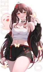 Rule 34 | 1girl, absurdres, ahoge, alternate costume, arm at side, bare shoulders, belt, black choker, black jacket, black skirt, boo tao (genshin impact), breasts, brown hair, bug, butterfly, butterfly on hand, camisole, character name, chinese commentary, choker, cleavage, commentary request, cowboy shot, crop top, fangs, flower, flower-shaped pupils, genshin impact, hair flower, hair ornament, hand up, highleg, highleg panties, highres, hu tao (genshin impact), insect, jacket, jewelry, long hair, medium breasts, midriff, miniskirt, multiple rings, navel, open clothes, open jacket, open mouth, panties, panty straps, plum blossoms, red belt, red eyes, red flower, ring, shirt, simple background, skirt, smile, solo, stomach, string panties, symbol-shaped pupils, taut clothes, taut shirt, teeth, thighs, twintails, underwear, upper teeth only, very long hair, white background, white camisole, white panties, zhutou 333, zipper, zipper pull tab