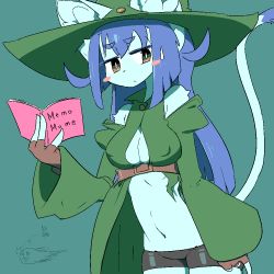 Rule 34 | 1girl, book, cat, female focus, furry, furry female, green background, green hat, hat, looking at viewer, nipples, no bra, purple hair, simple background, solo, text focus, the amboina, upper body, witch hat, yellow eyes