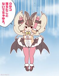 Rule 34 | 1girl, :i, animal ears, arms up, artist name, bat ears, bat wings, blue background, blush, blush stickers, bow, bowtie, breasts, brown hair, brown long-eared bat (kemono friends), cameltoe, cleavage, closed mouth, coroha, dress, falling, full body, fur trim, grey footwear, hair between eyes, kemono friends, kemono friends v project, large breasts, long hair, looking at viewer, midair, multicolored hair, only up!, outdoors, outline, pantyhose, pink pantyhose, pout, shoes, solo, speech bubble, streaked hair, talking, translation request, twitter username, v-shaped eyebrows, virtual youtuber, white outline, wings, yellow bow, yellow bowtie