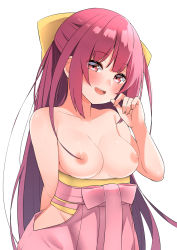 Rule 34 | 1girl, :d, blush, bow, breasts, collarbone, commentary request, groin, hair bow, hakama, hakama skirt, hand up, hekomii, highres, japanese clothes, kamikaze (kancolle), kantai collection, long hair, looking at viewer, medium breasts, nipples, obi, open mouth, pink hakama, red eyes, red hair, sash, simple background, skirt, smile, solo, topless, very long hair, white background, yellow bow