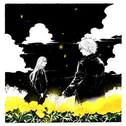 Rule 34 | 2boys, black jacket, black pants, blonde hair, cloud, cloudy sky, coat, daybit sem void, fate/grand order, fate (series), field, flower, flower field, full body, hands in pockets, jacket, jewelry, long hair, looking at another, male focus, medallion, multiple boys, necklace, nobicco, open clothes, open jacket, outdoors, pants, profile, shirt, short hair, sky, smile, sunglasses, tezcatlipoca (fate), trench coat, white shirt