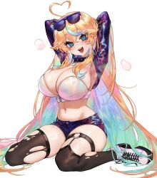 Rule 34 | 1girl, ahoge, arielle (vtuber), armpits, arms behind head, blonde hair, blue eyes, blue hair, boots, breasts, bursting breasts, commentary, english commentary, eyewear on head, foolish potato, hair between eyes, heart, heart ahoge, highres, indie virtual youtuber, large breasts, looking at viewer, midriff, multicolored hair, navel, open mouth, second-party source, shorts, simple background, sitting, skindentation, smile, solo, sunglasses, teeth, thighhighs, tongue, torn clothes, two-tone hair, virtual youtuber, wariza, white background, zipper, zipper pull tab