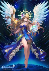 Rule 34 | 1girl, angel, anklet, bare shoulders, barefoot, blonde hair, blue dress, copyright name, dress, feathered wings, fingerless gloves, gloves, green eyes, halo, jewelry, latios (soccer spirits), long hair, looking at viewer, lots of jewelry, night, night sky, official art, parted lips, sky, soccer spirits, solo, star (sky), star trail, tob, very long hair, white wings, wings, wristband