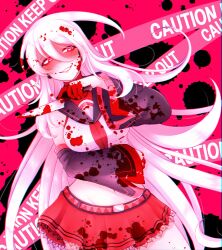 Rule 34 | 1girl, belt, blood, blood on clothes, blood on face, blood on hands, blood splatter, blush, caution tape, chanpotei, crop top, detached sleeves, evil grin, evil smile, grin, groin, half-closed eyes, headphones, heart, heart-shaped pupils, highres, holding, holding knife, knife, long hair, long sleeves, looking to the side, midriff, navel, pleated skirt, red eyes, sailor collar, shirt, skirt, sleeveless, sleeveless shirt, smile, solo, sukone tei, symbol-shaped pupils, utau, very long hair, white hair, yandere