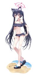 Rule 34 | 1girl, animal ears, bare arms, bare legs, bare shoulders, bikini, black bikini, black hair, blue archive, blush, breasts, cat ears, cleavage, closed mouth, extra ears, frilled bikini, frills, full body, halo, highres, hyemong, long hair, navel, official alternate costume, pink halo, red eyes, sandals, serika (blue archive), serika (swimsuit) (blue archive), solo, swimsuit, transparent background, twintails