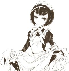 Rule 34 | 1girl, apron, clothes lift, copyright request, dress, dress lift, endou okito, greyscale, maid, maid apron, maid headdress, monochrome, short hair, sketch, solo, white background