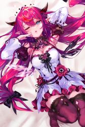 Rule 34 | 1girl, ;o, blue eyes, bow, breasts, cleavage, crystal wings, detached sleeves, detached wings, dress, fangs, flower, frilled dress, frills, hair bow, halo, highres, hololive, hololive english, horns, irys (irys 2.0) (hololive), irys (hololive), large breasts, long hair, looking at viewer, low-tied long hair, lying, multicolored hair, on back, on bed, one eye closed, pointy ears, pondel, purple hair, purple thighhighs, red flower, red hair, star halo, teeth, thighhighs, two-tone hair, upper teeth only, virtual youtuber, white dress, wings, zettai ryouiki