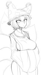 Rule 34 | 1girl, bad id, bad pixiv id, breasts, female focus, greyscale, large breasts, monochrome, short hair, simple background, sketch, solo, spacezin, touhou, white background, yakumo ran