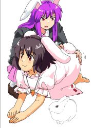 Rule 34 | 2girls, all fours, animal ears, ass grab, barefoot, blazer, blush, brown footwear, brown hair, carrot, carrot necklace, dress, grabbing another&#039;s ass, groping, hand on another&#039;s ass, highres, inaba tewi, jacket, jewelry, leftame, long hair, motion lines, multiple girls, necklace, necktie, open mouth, pink necktie, pink skirt, purple hair, rabbit, rabbit ears, rabbit tail, red eyes, reisen udongein inaba, ribbon-trimmed dress, skirt, smile, socks, tail, touhou, white background, white socks