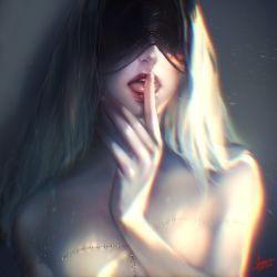 Rule 34 | 1girl, bare shoulders, blindfold, breasts, chromatic aberration, dated, female focus, finger to mouth, highres, light particles, lips, lipstick, long hair, makeup, medium breasts, original, realistic, sheena (domra32), signature, solo, stitches, teeth, tongue, tongue out, upper body, white hair