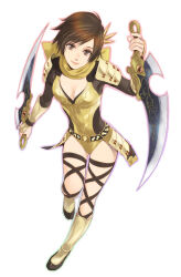 Rule 34 | 1girl, black ribbon, black sleeves, breasts, brown eyes, brown hair, cleavage, closed mouth, dagger, dress, flats, full body, hitaki (tempo), holding, holding dagger, holding knife, holding weapon, knife, leg ribbon, long sleeves, looking at viewer, nene (sengoku musou), purple outline, ribbon, sengoku musou, sengoku musou 3, short hair, shoulder pads, simple background, small breasts, solo, standing, standing on one leg, tachi-e, weapon, white background, yellow dress