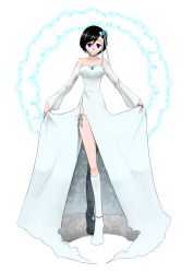 Rule 34 | 1girl, absurdres, bare shoulders, black hair, blue eyes, boots, breasts, detached sleeves, dress, female focus, full body, hair ornament, highres, kingdom hearts, no panties, short hair, solo, white background, xion (kingdom hearts)