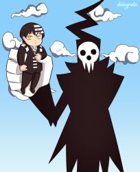 Rule 34 | 2boys, :&lt;, aged down, artist name, black footwear, black hair, black suit, blue sky, cloud, daisymels, death the kid, father and son, formal, hand up, highres, how to hold my baby redraw (meme), long sleeves, male focus, meme, monster, multiple boys, photo-referenced, shinigami, shinigami-sama, short hair, sky, soul eater, standing, suit, yellow eyes