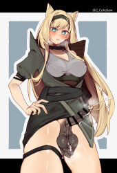 Rule 34 | 1futa, academic test, animal ears, arknights, bar censor, black hairband, blonde hair, blush, breasts, breath, censored, covered erect nipples, cowboy shot, cum, dark penis, ejaculation, erection, foreskin, futanari, green eyes, green jacket, grey tank top, hairband, hand on own hip, highres, horn (arknights), jacket, large breasts, long hair, looking at viewer, mirin chikuwa, no panties, parted lips, penis, phimosis, projectile cum, solo, steaming body, tank top, testicles, testicles clench, thigh strap, twitter username, wolf ears