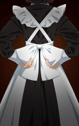 Rule 34 | 1girl, apron, back, back bow, bad id, bad twitter id, black dress, bow, brown background, brown hair, dress, from behind, maid, maid apron, original, short hair, solo, suzushiro (suzushiro333), tying apron, white apron