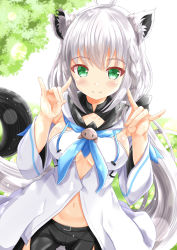 Rule 34 | 1girl, animal ear fluff, animal ears, black bow, black shorts, blue neckerchief, blush, bow, braid, breasts, closed mouth, commentary request, double fox shadow puppet, drawstring, fox ears, fox girl, fox shadow puppet, fox tail, green eyes, highres, hololive, hood, hood down, long hair, looking at viewer, medium breasts, navel, neckerchief, shirakami fubuki, shirakami fubuki (1st costume), shorts, silver hair, smile, solo, tail, very long hair, virtual youtuber, xenon (for achieve)