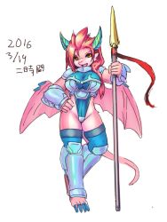 Rule 34 | 1girl, armor, breasts, brown eyes, dragon, female focus, full body, furry, furry female, long hair, ni jikan, polearm, red hair, simple background, solo, spear, weapon, white background, wings
