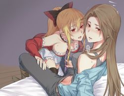 Rule 34 | 2girls, after kiss, bed sheet, black bow, black choker, black legwear, blonde hair, blush, bow, breasts, brown footwear, brown hair, choker, cleavage, collarbone, detached sleeves, downblouse, granblue fantasy, grey background, grey pants, grey shirt, hair between eyes, hair bow, hair intakes, hand on another&#039;s thigh, katalina (granblue fantasy), long hair, long sleeves, medium breasts, midriff, miniskirt, miso-ha (ukyuu), multiple girls, navel, open mouth, pants, ponytail, red bow, red eyes, red sleeves, saliva, saliva trail, shirt, sketch, skirt, sleeveless, sleeveless shirt, speech bubble, stomach, strapless, thighhighs, two-tone bow, very long hair, vira (granblue fantasy), white skirt, wooden floor, yuri, zettai ryouiki