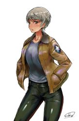 Rule 34 | 10s, 1girl, artist name, bad id, bad pixiv id, cowboy shot, dark-skinned female, dark skin, freckles, girls und panzer, grey eyes, grey hair, hands in pockets, jacket, looking at viewer, military, military uniform, naomi (girls und panzer), open clothes, open jacket, pants, parted lips, shiny clothes, shirt, short hair, signature, solo, solokov (okb-999), standing, uniform, very short hair, white background